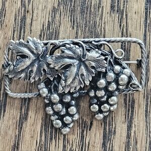 Antique Art Nouveau Oxidized Sterling Silver Grape Wine Brooch 2"
